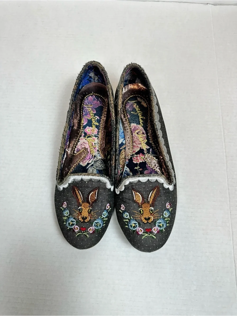 Irregular Choice Black Bigwig Rabbit Embroidered Flat Shoes Size EU 42 - US 11